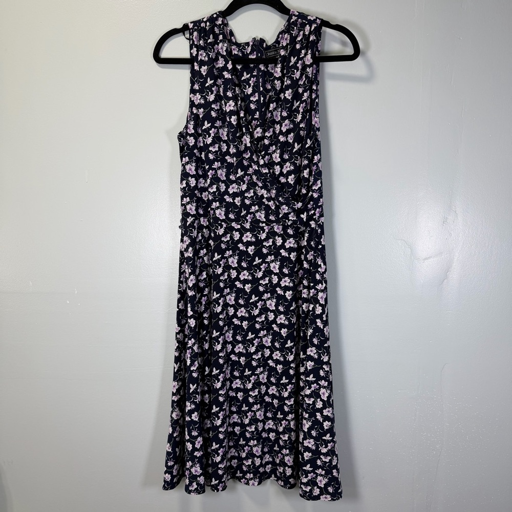 Jessica Howard Navy Floral Sleeveless Faux Wrap Midi Dress Size 14 FF04